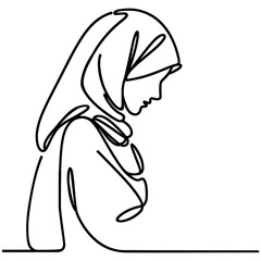 Single one line drawing of Woman wearing hijab. Continuous line draw design graphic vector illustration.