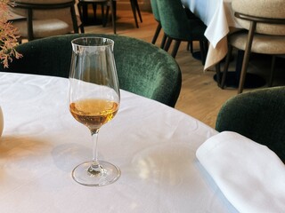 still life shot of a glass with premium pear liqueur