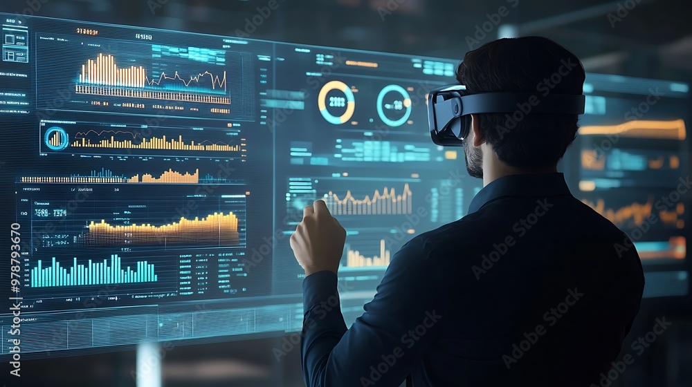 Poster A Man Wearing VR Headset Interacts with a Large Screen Showing Data and Charts