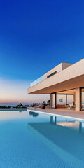 Obraz premium Modern villa with infinity pool overlooking sunset at coastal location, providing tranquil vibes and luxury relaxation