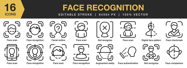 Face recognition icon set. Editable Stroke Icon Collection. Includes scan, facial, digital, comparison, and More. Outline icons vector collection.