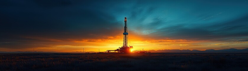 Obraz premium As dawn breaks, a drilling rig emerges as a dark silhouette against the gradually brightening sky, the early sunlight gently illuminating the oil field and casting long shadows. realistic photo