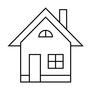 recommend clip art: Basic line drawing of a house with a gable roof, arched window, square window, and chimney. Minimalist style. Ideal for architectural designs, home-themed projects, minimalist art, real estate