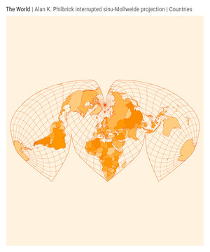 World Map. Alan K. Philbrick interrupted sinu-Mollweide projection. Countries style. High Detail World map for infographics, education, reports, presentations. Vector illustration.