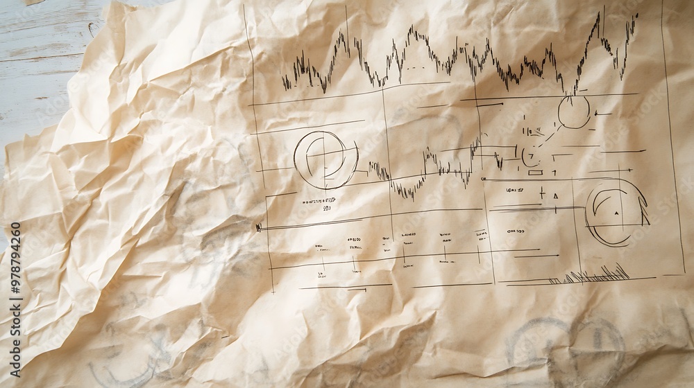 Poster hand-drawn charts and graphs on crumpled paper