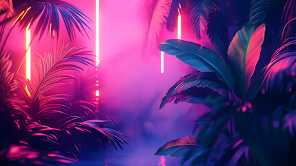 Illustration of a tropical background in neon light in retro style
