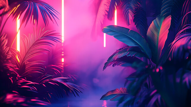 Illustration of a tropical background in neon light in retro style - Powered by Adobe