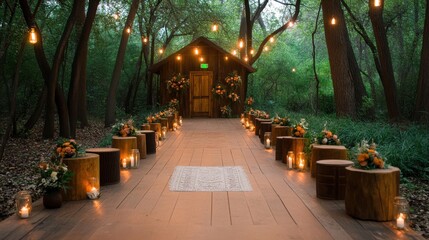 Obraz premium Rustic Wedding Ceremony Setting Amidst Lush Greenery