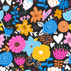 Seamless floral creative pattern. Botanical hand drawn flowers dark texture for fabric, textile. Vector illustration