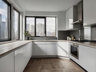 Modern Kitchen with City Skyline View and White Cabinetry