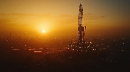 Obraz premium The early morning sky glows softly with the first light of dawn, casting a golden hue over a drilling rig silhouetted against the horizon, highlighting the expanse of the oil field. realistic photo
