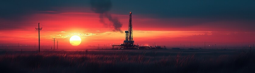 Obraz premium As dawn breaks, a drilling rig emerges as a dark silhouette against the gradually brightening sky, the early sunlight gently illuminating the oil field and casting long shadows. realistic photo
