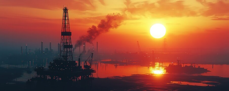 At the break of dawn, a drilling rig stands in silhouette against a sky bathed in the soft light of the first sun, casting a calm and industrious presence over the oil field. 3d illustration