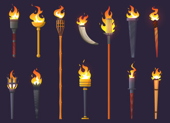 Cartoon ancient torches. Medieval burning lanterns. Burning fire. Lamp flames. Stone and smoldering wooden sticks with metal elements. PC game inventory. Old fiery lights vector set