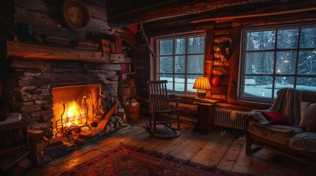 Cozy cabin room with a glowing fireplace and a window overlooking a peaceful night forest
 Seamless looping 4k time-lapse virtual video animation Generated AI