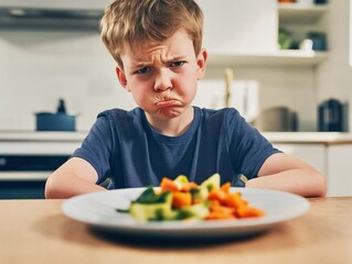 A young boy sits at a kitchen table with a plate of vegetables, wearing a frustrated expression, clearly unhappy about eating his healthy meal.