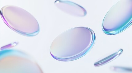 Floating translucent iridescent discs against soft pastel background