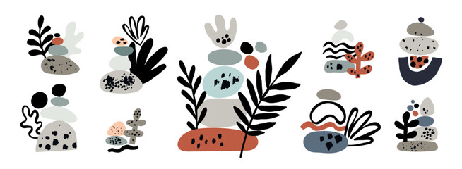 Abstract balance pebble stones. Trendy contemporary compositions with hand drawn elements. Primitive forms and textures. Cobbles pyramid. Plant leaves. Amorphous figures. Garish vector set