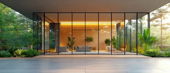 Fototapeta premium Modern Corporate Building with Glass Facade and Lush Urban Landscape