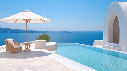 Obraz premium The image could be named Tropical Resort Swimming Pool by the Beach This captures the essence of the pool setting in a luxurious hotel or resort, with tropical elements like palm trees and a relaxing 