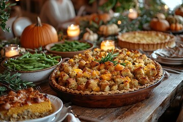 Rustic thanksgiving feast with stuffing, green beans, and pumpkin decor on a wooden table