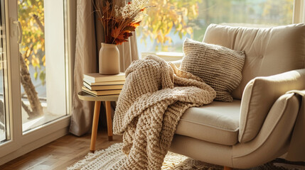 Fototapeta premium A small reading nook by a window, with a comfy armchair, a side table with books, and a warm throw blanket draped over the chair.