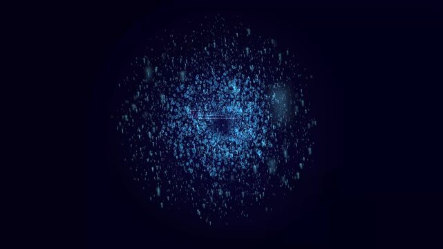 A programming code is generating from neon abstract network. Technology concept on dark blue background. Software, web, application development coding process with flying particles and binary code.