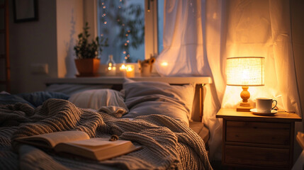 A cozy bedroom with soft lighting, a bed with layered blankets, and a nightstand holding a cup of tea and a book.