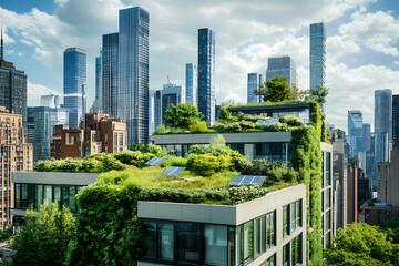 Naklejka premium A modern urban landscape featuring green roofs and solar panels amidst skyscrapers.
