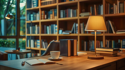 A modern study room with a large bookshelf filled with books, a desk lamp casting warm light on a journal and cup of coffee.
