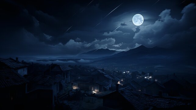 Nighttime landscape of a tranquil village under a full moon with shooting stars in the sky - Powered by Adobe