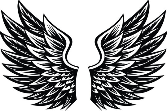 Eagle wings silhouette vector art illustration, tattoo drawing, flying angle wing, feather outline vector, concept art design,