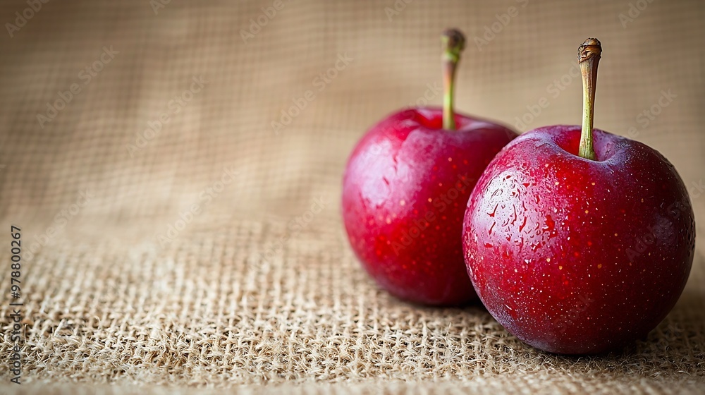 Poster Two Plums on Burlap Background : Generative AI