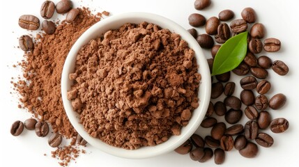Top view of a bowl filled with ground coffee and coffee beans isolated on a white background
