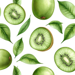 Fototapeta premium Watercolor seamless pattern of kiwi fruits, isolated on a white background. png