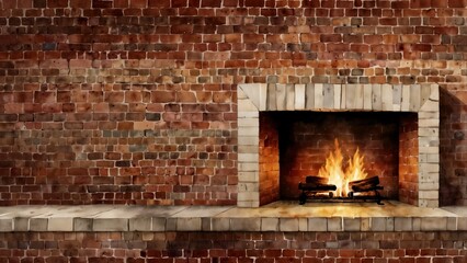 Fototapeta premium Cozy fireplace with a red brick wall