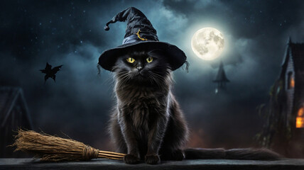 Fototapeta premium Black cat wearing witch hat with full moon in the background, Halloween or Friday the 13th concept.