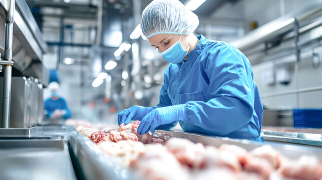 A worker in blue protective clothing carefully cuts chicken meat on an assembly line, demonstrating the intricate process within a modern meat processing facility