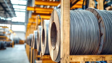 Close-up view of steel wire, displayed on wooden stands in a lively warehouse filled with sunlight and construction activity, emphasizing an industrial vibe