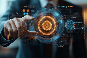 Businessman touching gears in motion on a transparent screen, a business concept for system or technology management and process development.