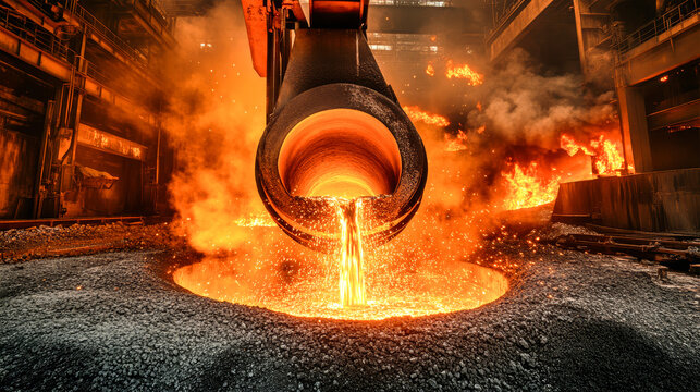 Hot molten iron flows from towering furnaces, creating a breathtaking display of orange flames and sparks against the industrial backdrop