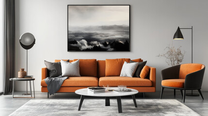 A realistic 3D image of a poster on a living room wall. The poster is the standard A paper size. It shows a modern living room with stylish furniture.