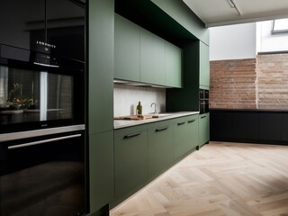 Modern Kitchen with Green Cabinets and Exposed Brick Wall