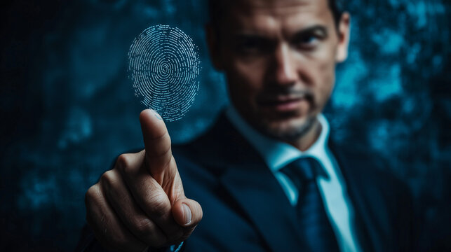 A businessman confidently displaying his thumbprint, emphasizing the concept of business identity and personal branding