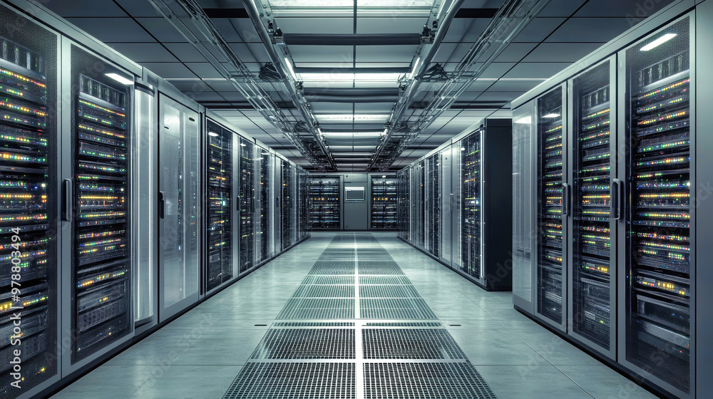 Poster a modern data center buzzes with energy, showcasing rows of gleaming servers working tirelessly to m