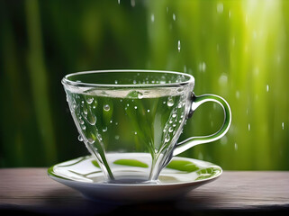 A clear glass cup of green tea rests on a saucer, adorned with water droplets for a refreshing appearance. generated ai