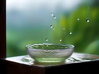 A clear glass cup of green tea rests on a saucer, adorned with water droplets for a refreshing appearance. generated ai