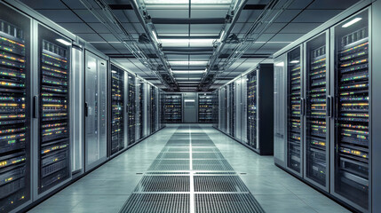 A modern data center buzzes with energy, showcasing rows of gleaming servers working tirelessly to manage vast amounts of data in a sleek environment
