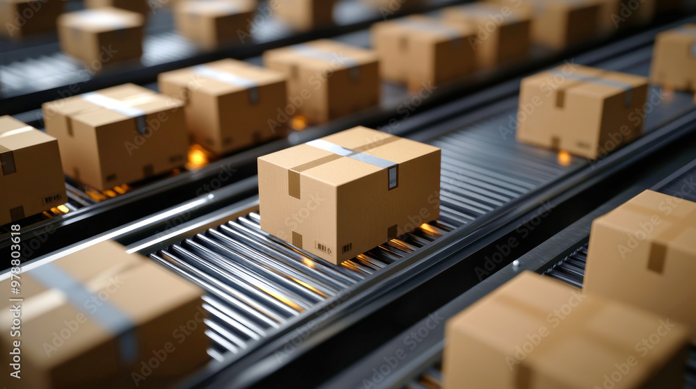 Poster a multitude of boxes glides along a conveyor belt in a warehouse setting, illustrating the intricate