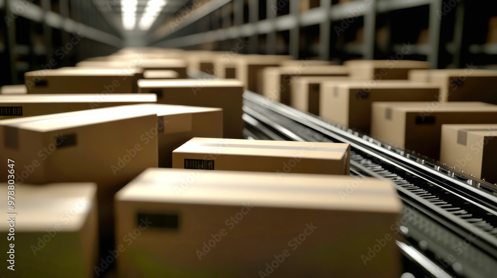Poster a multitude of boxes glides effortlessly along a conveyor belt, illustrating the dynamic process of 